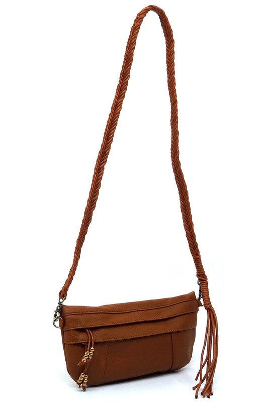 Braided Tassel Strap Crossbody BagBraided Tassel Strap Crossbody Bag Faux vegan leather Zip top closure Antique Gold-tone hardware Detachable shoulder strap L 11 * H 6 * W 1.5 (19 D)