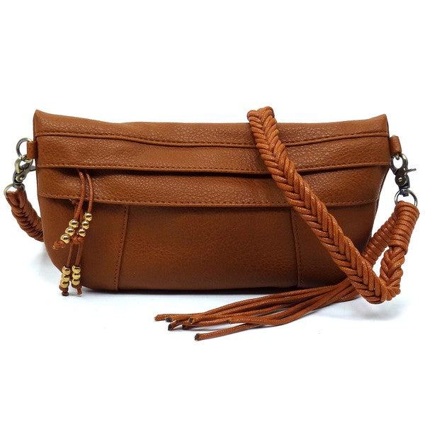 Braided Tassel Strap Crossbody BagBraided Tassel Strap Crossbody Bag Faux vegan leather Zip top closure Antique Gold-tone hardware Detachable shoulder strap L 11 * H 6 * W 1.5 (19 D)