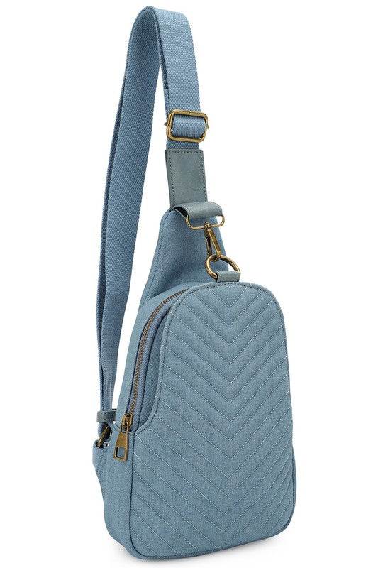 Chevron Quilted Denim Sling BagChevron Quilted Denim Sling Bag Denim canvas Faux vegan leather Zip top closure Antique Gold-tone hardware Adjustable shoulder strap L 7.5 * H 12.5 * W 3