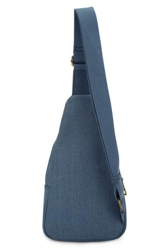 Chevron Quilted Denim Sling BagChevron Quilted Denim Sling Bag Denim canvas Faux vegan leather Zip top closure Antique Gold-tone hardware Adjustable shoulder strap L 7.5 * H 12.5 * W 3