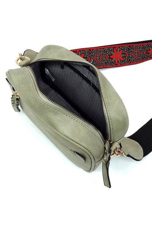 Fashion Guitar strap Crossbody BagFashion Guitar strap Crossbody Bag Faux vegan leather Zip top closure Gold-tone hardware Detachable shoulder strap L 8.5 * H 5.5 * W 3