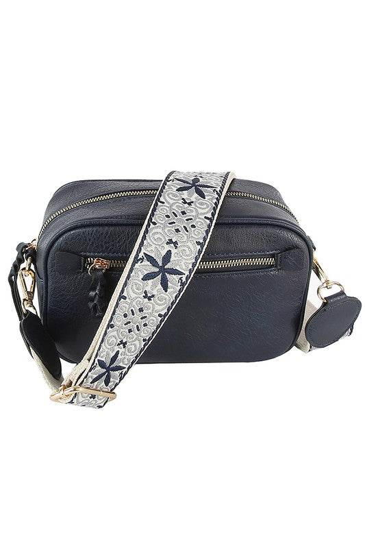 Fashion Guitar strap Crossbody BagFashion Guitar strap Crossbody Bag Faux vegan leather Zip top closure Gold-tone hardware Detachable shoulder strap L 8.5 * H 5.5 * W 3