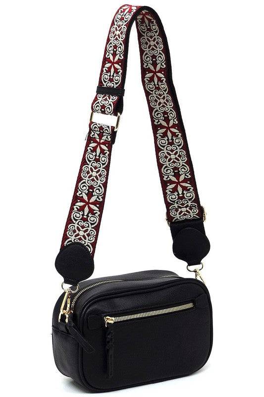 Fashion Guitar strap Crossbody BagFashion Guitar strap Crossbody Bag Faux vegan leather Zip top closure Gold-tone hardware Detachable shoulder strap L 8.5 * H 5.5 * W 3
