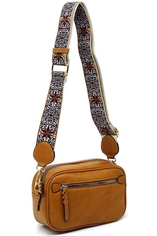 Fashion Guitar strap Crossbody BagFashion Guitar strap Crossbody Bag Faux vegan leather Zip top closure Gold-tone hardware Detachable shoulder strap L 8.5 * H 5.5 * W 3