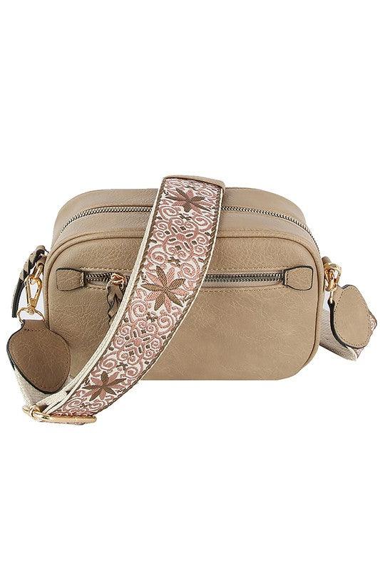 Fashion Guitar strap Crossbody BagFashion Guitar strap Crossbody Bag Faux vegan leather Zip top closure Gold-tone hardware Detachable shoulder strap L 8.5 * H 5.5 * W 3