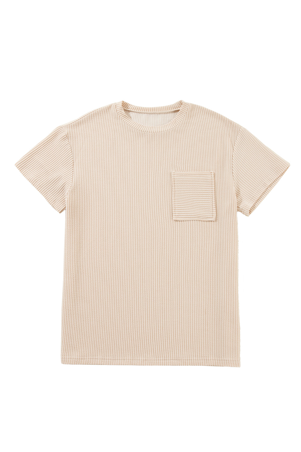 Pink Crinkle Rib Knit Pocketed Loose Fit Crew Neck T ShirtMaterial:75%Polyester+20%Viscose+5%Elastane

• Pink T Shirt offers a charming, feminine touch with its soft pink color and crinkle rib texture, perfect for a casual