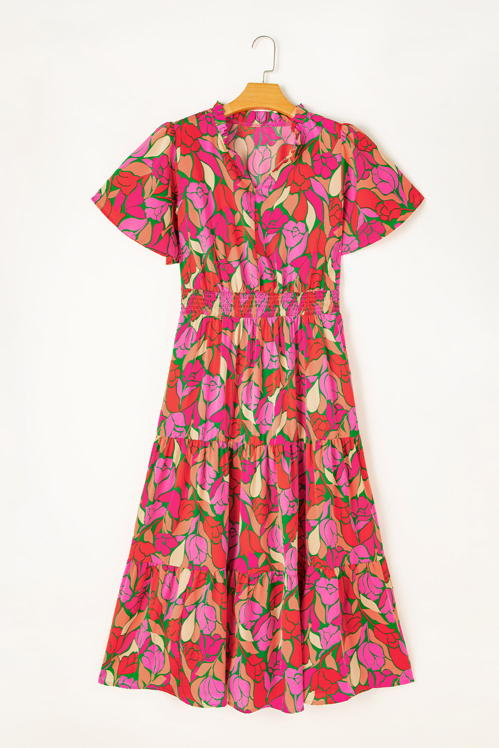 Rose Floral Flounce Sleeve Smocked Waist Tiered Maxi DressMaterial:100%Polyester

• Exude bohemian elegance in this maxi dress, featuring a smocked waist for a flattering silhouette.
• The tiered design adds a whimsical t