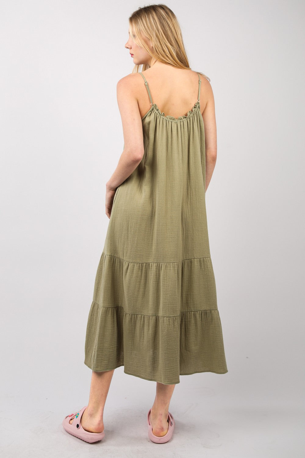 VERY J Ruffled A-Line Midi Cami DressYou have a versatile and comfortable Comfy Cotton Gauze A-Line Midi Dress that is perfect for summer with its cool comfort and sleeveless design. The side pockets ad