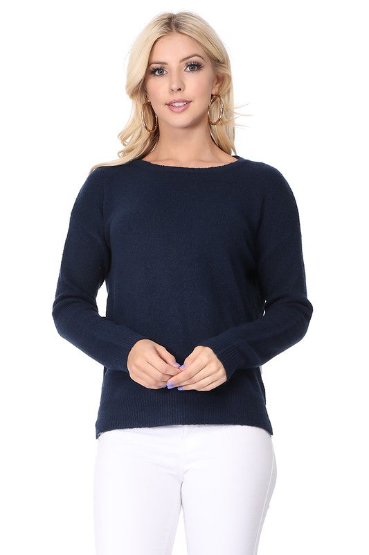 Crew-neck Knit Pullover Sweater with Side Slit- Length: 23-24"- 75% Soft Touch Acrylic, 22% Nylon, 3% Spandex Stretch- Cozy, Soft Mohair Like Acrylic with Spandex Stretch. - Thin, Comfortable, and Warm- Various 