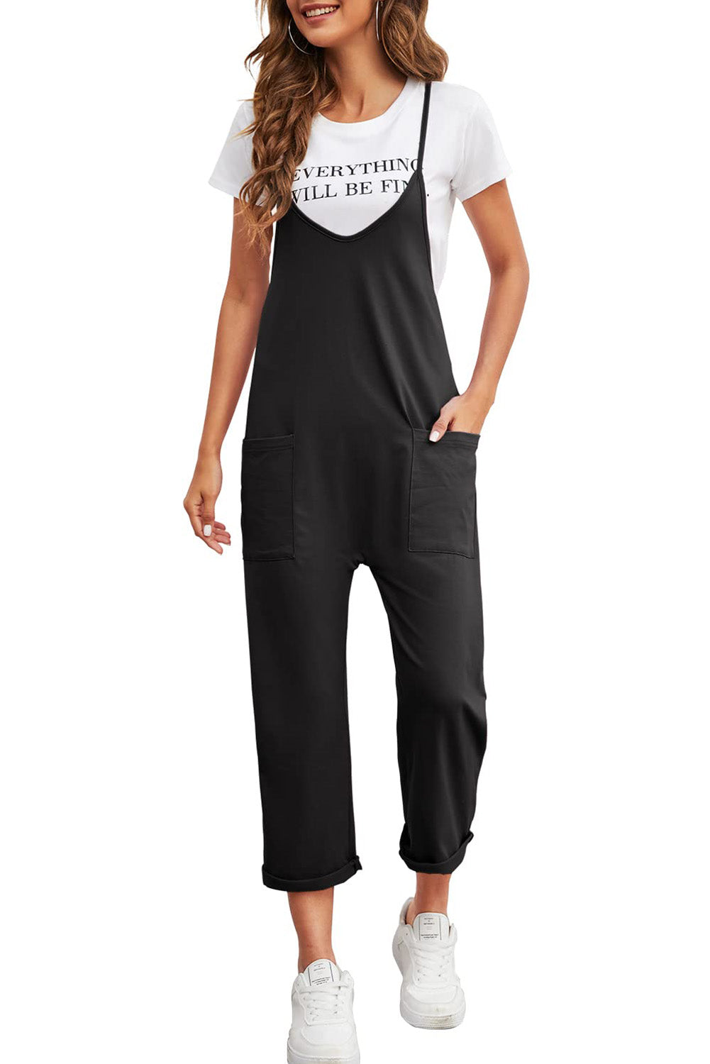 Black Pocketed Adjustable Spaghetti Strap Straight Leg JumpsuitMaterial:95%POLYESTER+5%ELASTANE


	


		Straight leg jumpsuit can perfectly shape
wearers’ leg shapes
	
	
		Adjustable spaghetti strap is perfect to
suit w