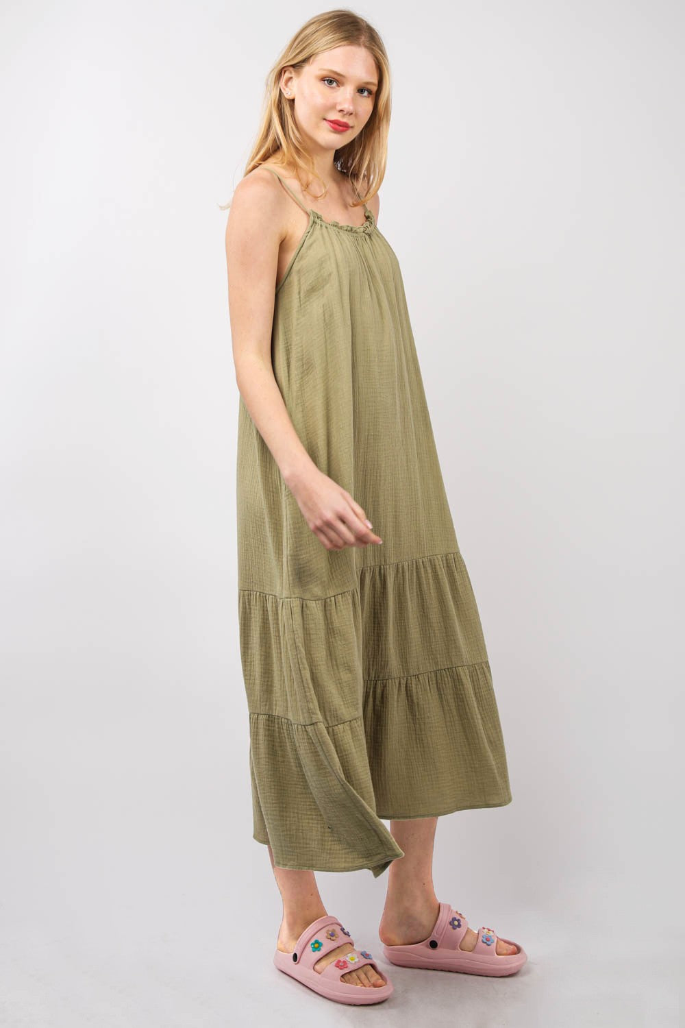 VERY J Ruffled A-Line Midi Cami DressYou have a versatile and comfortable Comfy Cotton Gauze A-Line Midi Dress that is perfect for summer with its cool comfort and sleeveless design. The side pockets ad