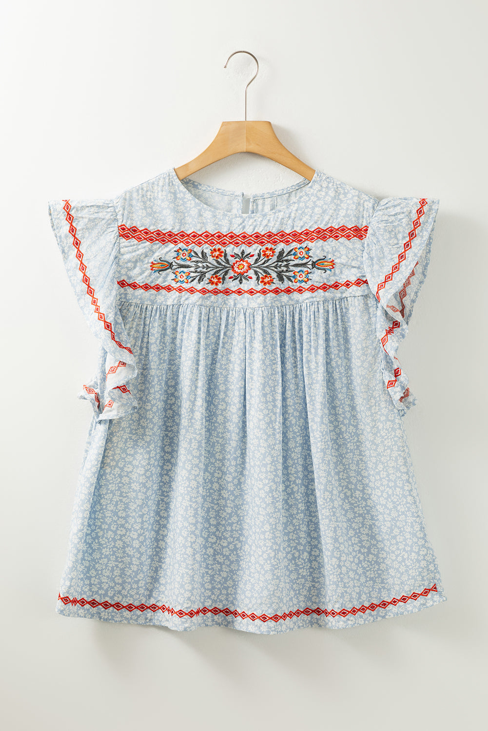 Sky Blue Boho Embroidered Floral Print Flutter Sleeve BlouseMaterial:100%Viscose



		The hobo embroidered detailing showcases skilled craftsmanship and adds a bohemian flair
	
	
		The floral pattern brings a touch of fe