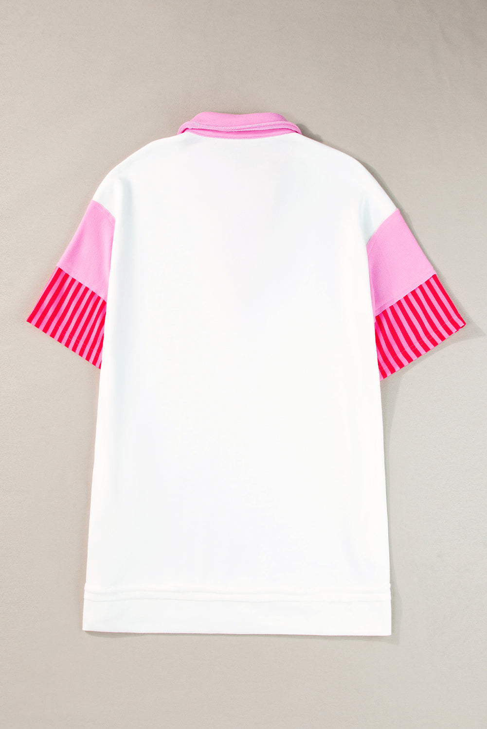 Pink Stripe Colorblock Sleeve Collared Mini DressMaterial:65%Polyester+35%Cotton

• The combination of pink and stripes adds a fun and trendy touch to your outfit.
• Embrace the relaxed vibes with the drop sleeve