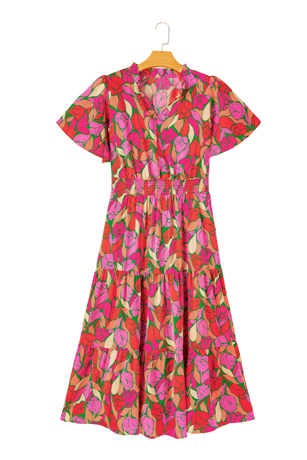 Rose Floral Flounce Sleeve Smocked Waist Tiered Maxi DressMaterial:100%Polyester

• Exude bohemian elegance in this maxi dress, featuring a smocked waist for a flattering silhouette.
• The tiered design adds a whimsical t