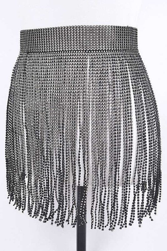 Rhinestone Slash Fringe BeltWidth - 13"Length - 41"One Size Fits MostRhinestone, IronLead &amp; Nickel Compliant.