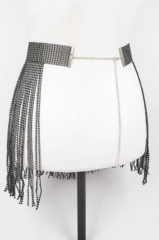 Rhinestone Slash Fringe BeltWidth - 13"Length - 41"One Size Fits MostRhinestone, IronLead &amp; Nickel Compliant.