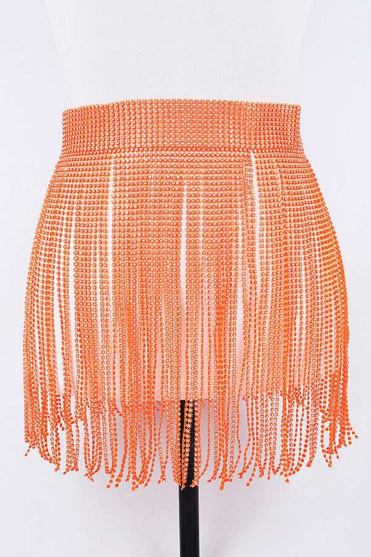 Rhinestone Slash Fringe BeltWidth - 13"Length - 41"One Size Fits MostRhinestone, IronLead &amp; Nickel Compliant.