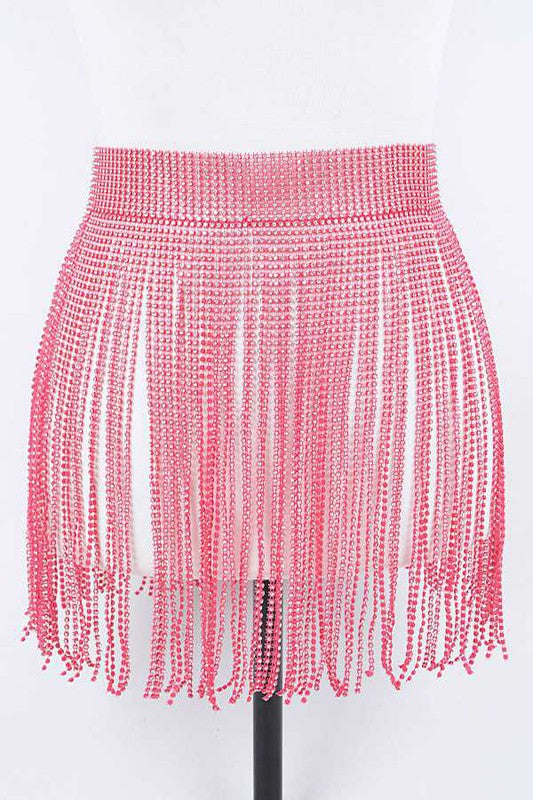 Rhinestone Slash Fringe BeltWidth - 13"Length - 41"One Size Fits MostRhinestone, IronLead &amp; Nickel Compliant.