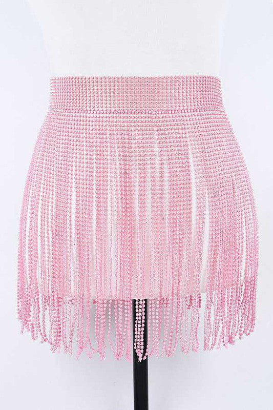 Rhinestone Slash Fringe BeltWidth - 13"Length - 41"One Size Fits MostRhinestone, IronLead &amp; Nickel Compliant.