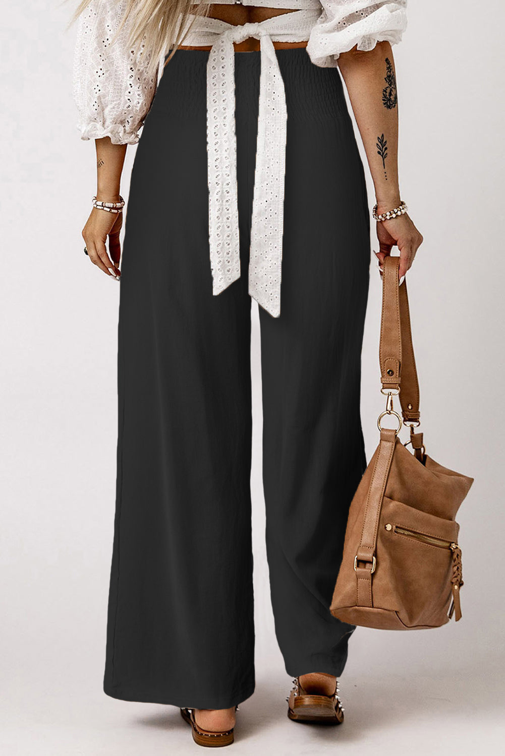 Black Smocked Wide Waistband High Waist Wide Leg PantsMaterial:65%COTTON+35%POLYESTER



		Flattering smocked waistband cinches at the
waist for a lovely silhouette
	
	
		High waist design elongates legs for a
st