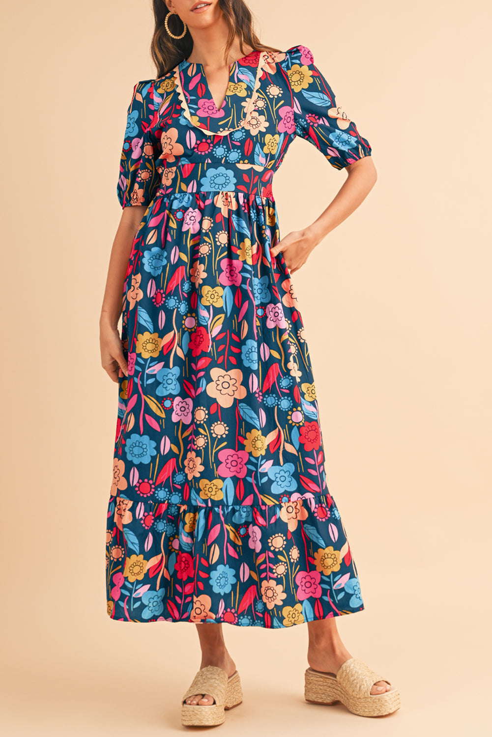 Green Floral Print Split V Neck Puff Sleeve Maxi DressMaterial:100%Cotton



		The dress is made from a soft and breathable fabric, ensuring comfort and a lightweight feel.
	
	
		This maxi dress features a split V 