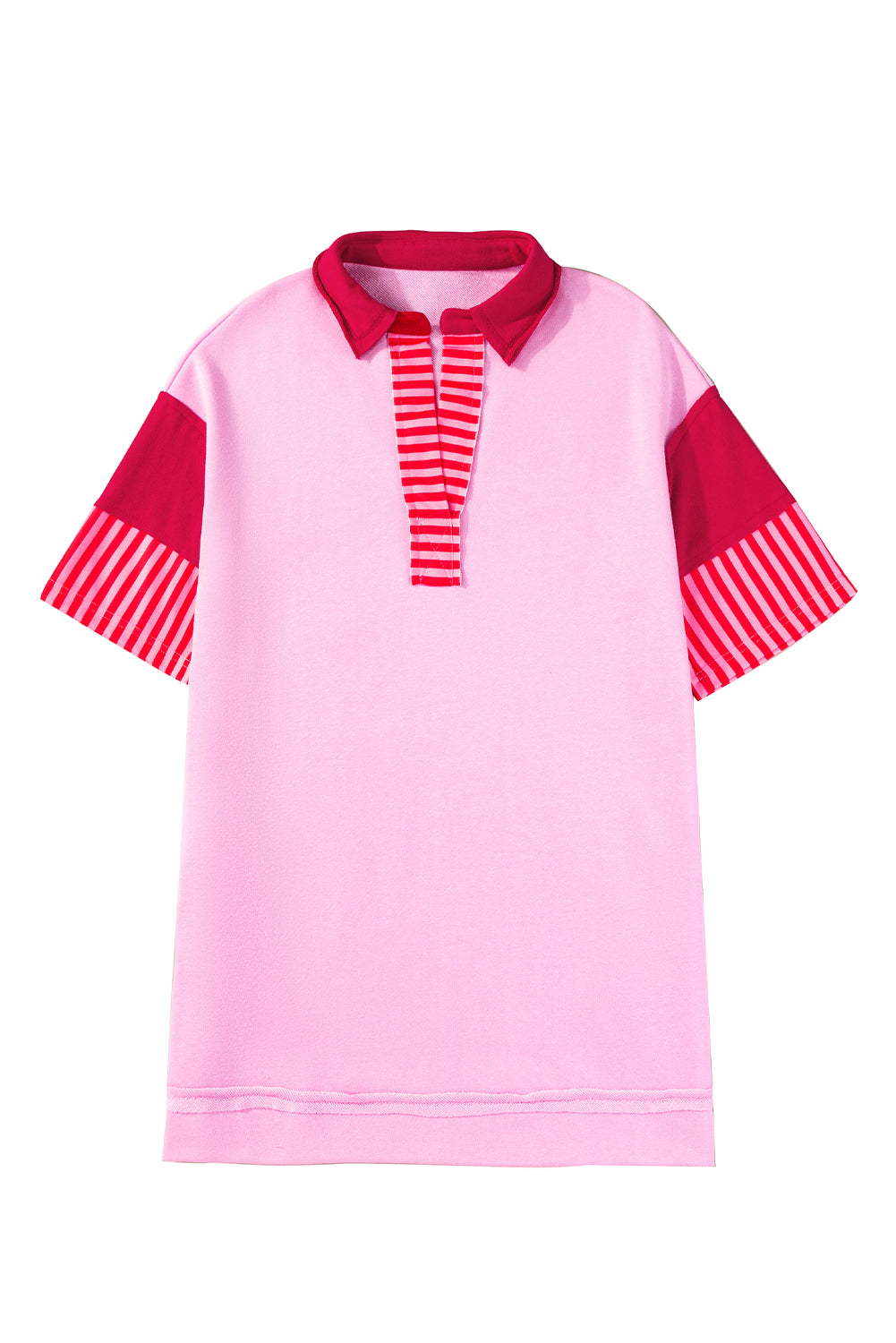 Pink Stripe Colorblock Sleeve Collared Mini DressMaterial:65%Polyester+35%Cotton

• The combination of pink and stripes adds a fun and trendy touch to your outfit.
• Embrace the relaxed vibes with the drop sleeve