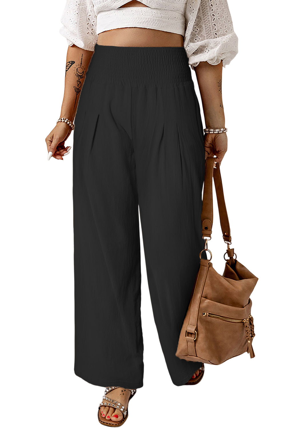 Black Smocked Wide Waistband High Waist Wide Leg PantsMaterial:65%COTTON+35%POLYESTER



		Flattering smocked waistband cinches at the
waist for a lovely silhouette
	
	
		High waist design elongates legs for a
st