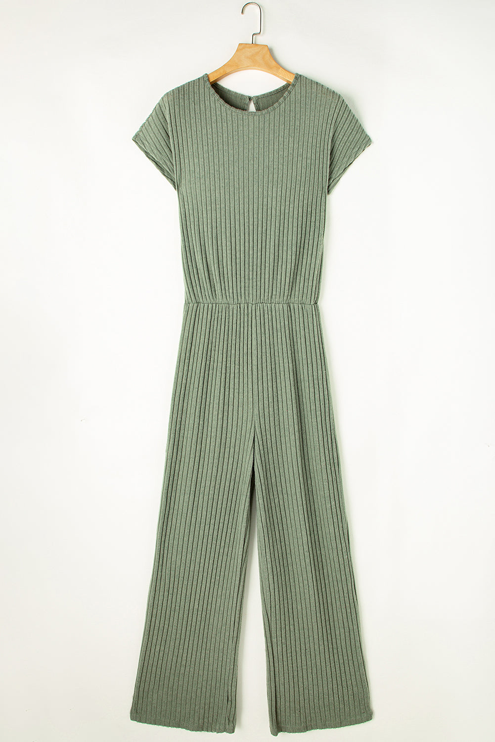 Grass Green Solid Color Ribbed Short Sleeve Wide Leg JumpsuitMaterial:85%Polyester+10%Viscose+5%Elastane



		The jumpsuit is a versatile and trendy one-piece outfit, featuring a solid color design that offers a sleek and mi