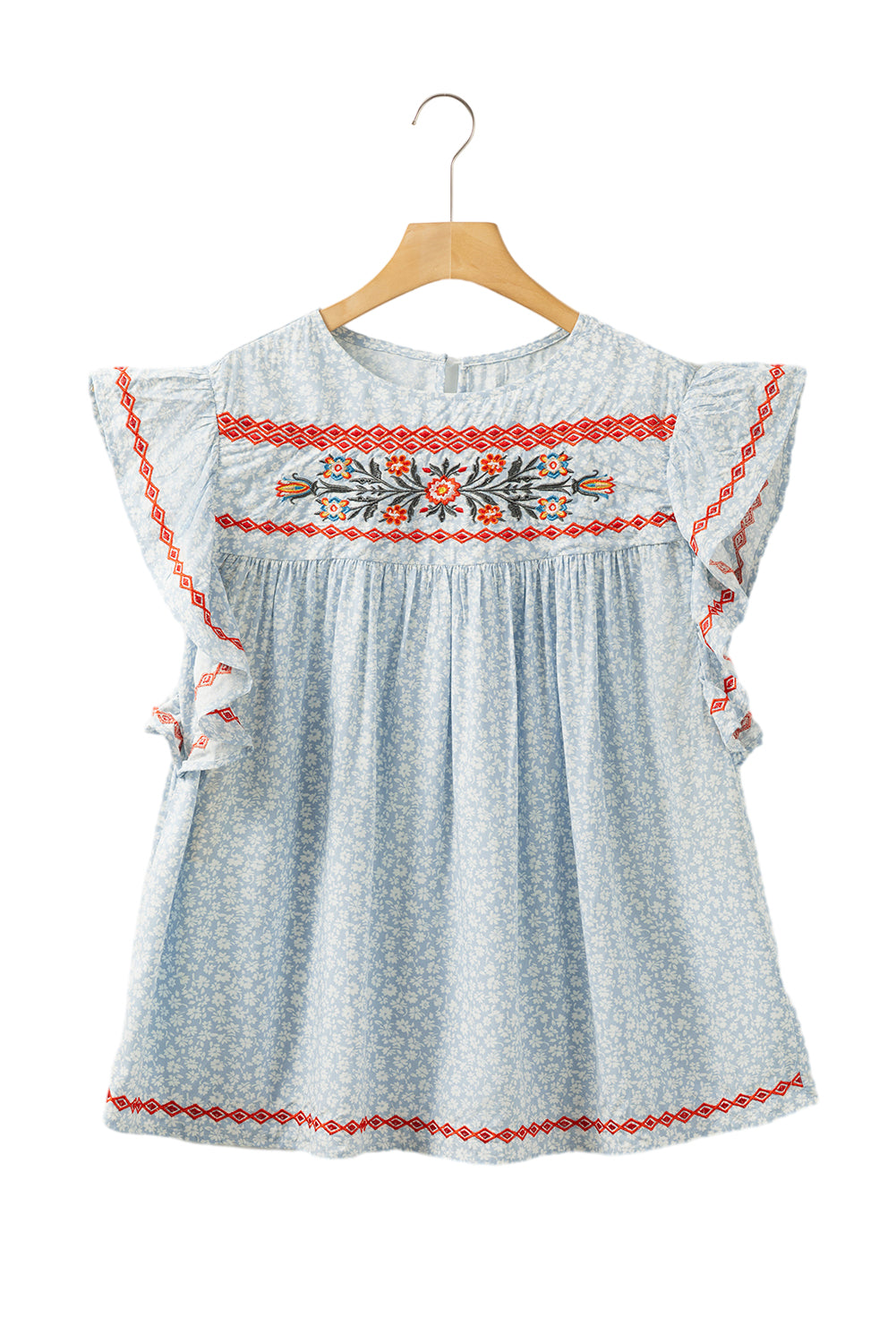Sky Blue Boho Embroidered Floral Print Flutter Sleeve BlouseMaterial:100%Viscose



		The hobo embroidered detailing showcases skilled craftsmanship and adds a bohemian flair
	
	
		The floral pattern brings a touch of fe