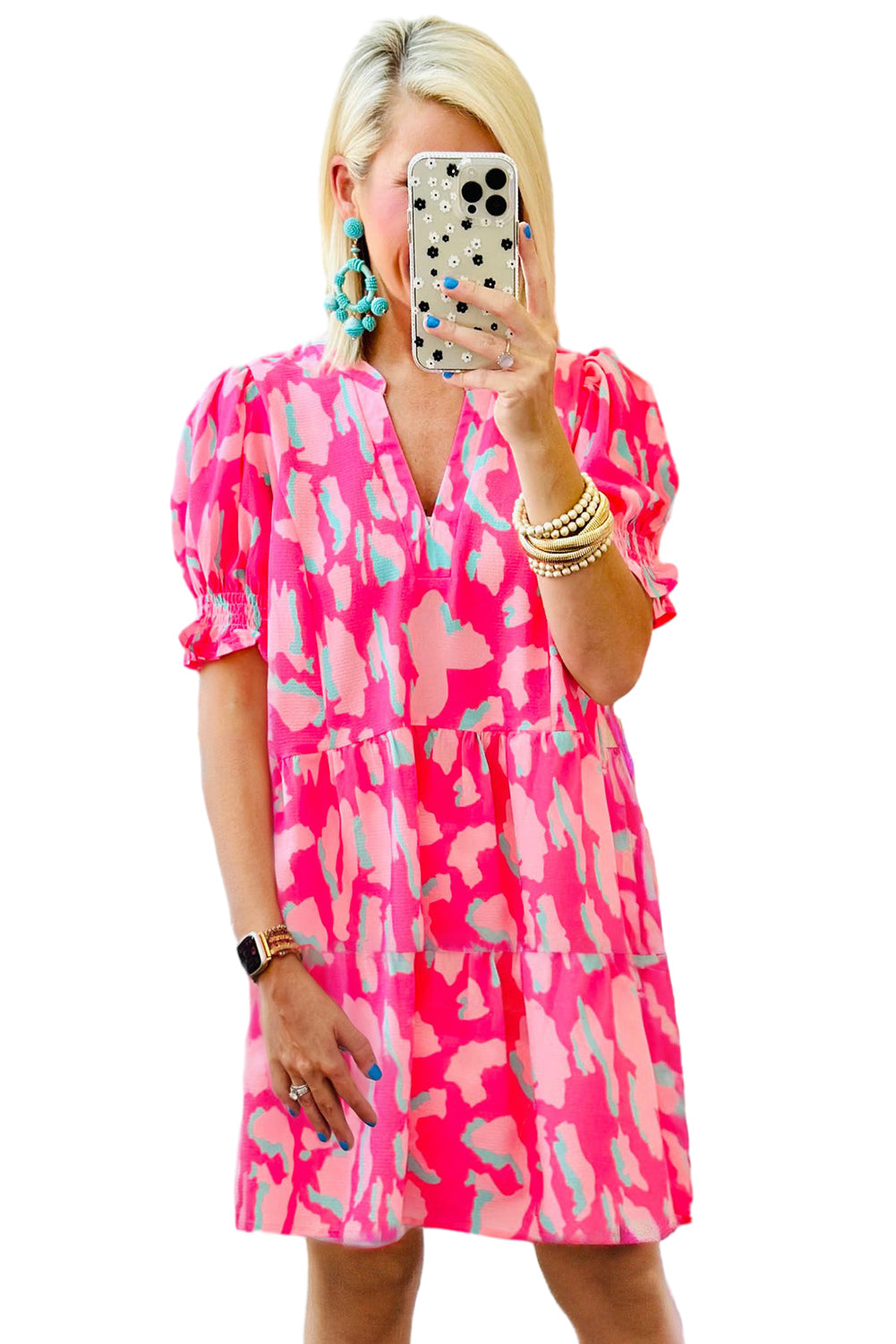 Pink Abstract Print V Neck Smocked Sleeve Mini DressMaterial:100%Polyester


	


		Stand out in style with our mini dress, featuring a unique print and flattering silhouette that exudes charm and sophistication.
