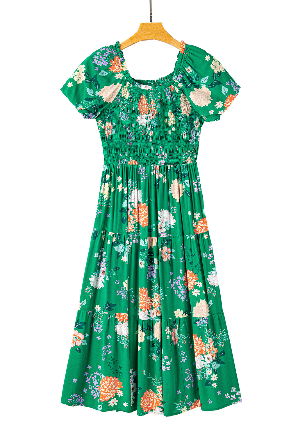 Green Floral Print Bubble Sleeve Smocked Tiered Midi DressMaterial:100%Viscose



		This chic dress adds a vibrant and feminine touch, creating a romantic look
	
	
		The smocked panel provides a fitted and flattering w