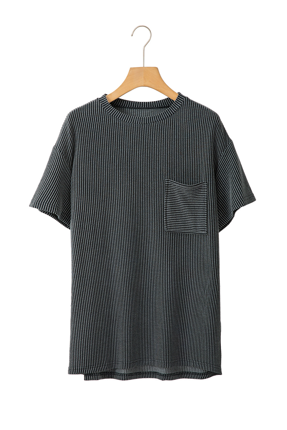 Pink Crinkle Rib Knit Pocketed Loose Fit Crew Neck T ShirtMaterial:75%Polyester+20%Viscose+5%Elastane

• Pink T Shirt offers a charming, feminine touch with its soft pink color and crinkle rib texture, perfect for a casual