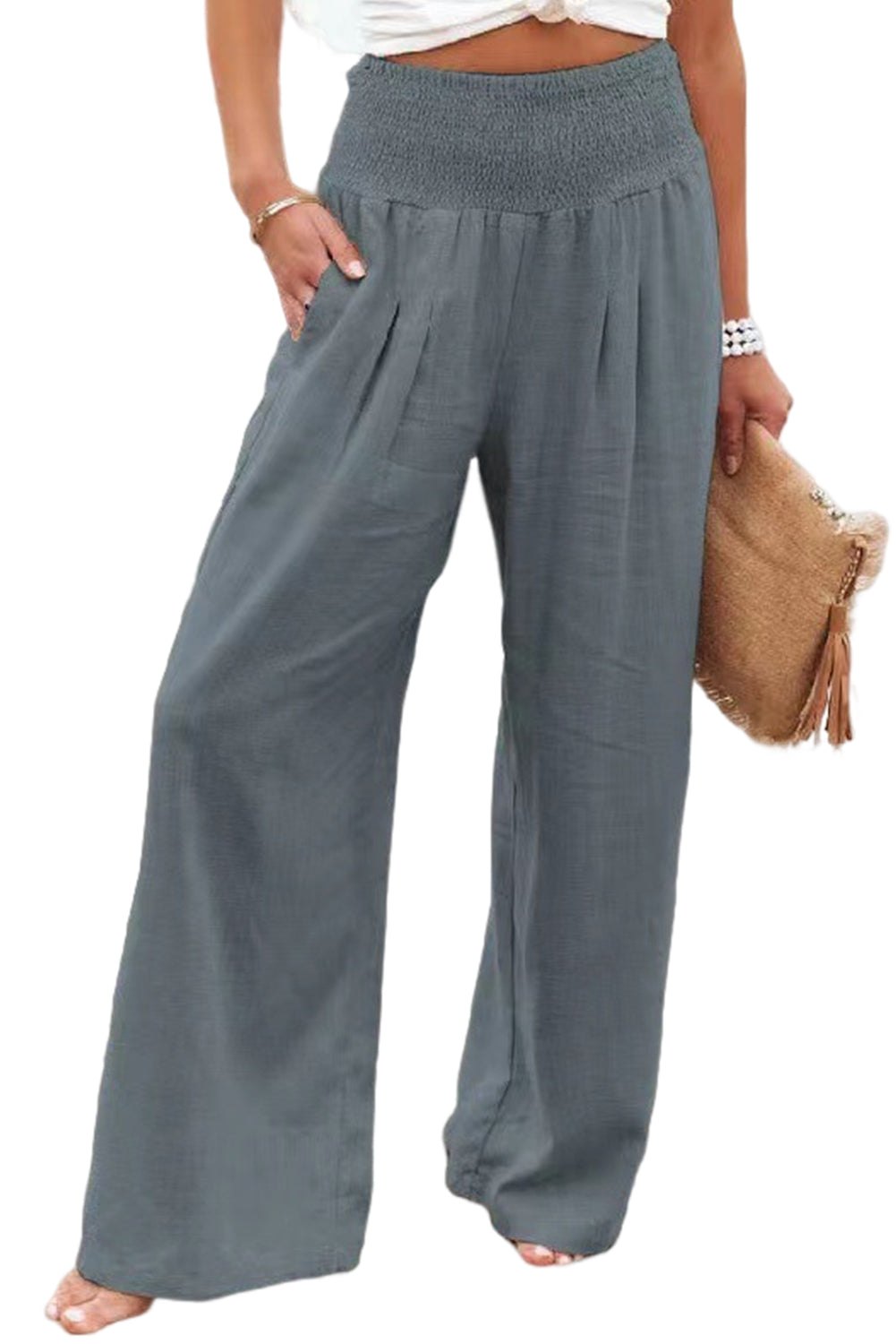 Black Smocked Wide Waistband High Waist Wide Leg PantsMaterial:65%COTTON+35%POLYESTER



		Flattering smocked waistband cinches at the
waist for a lovely silhouette
	
	
		High waist design elongates legs for a
st
