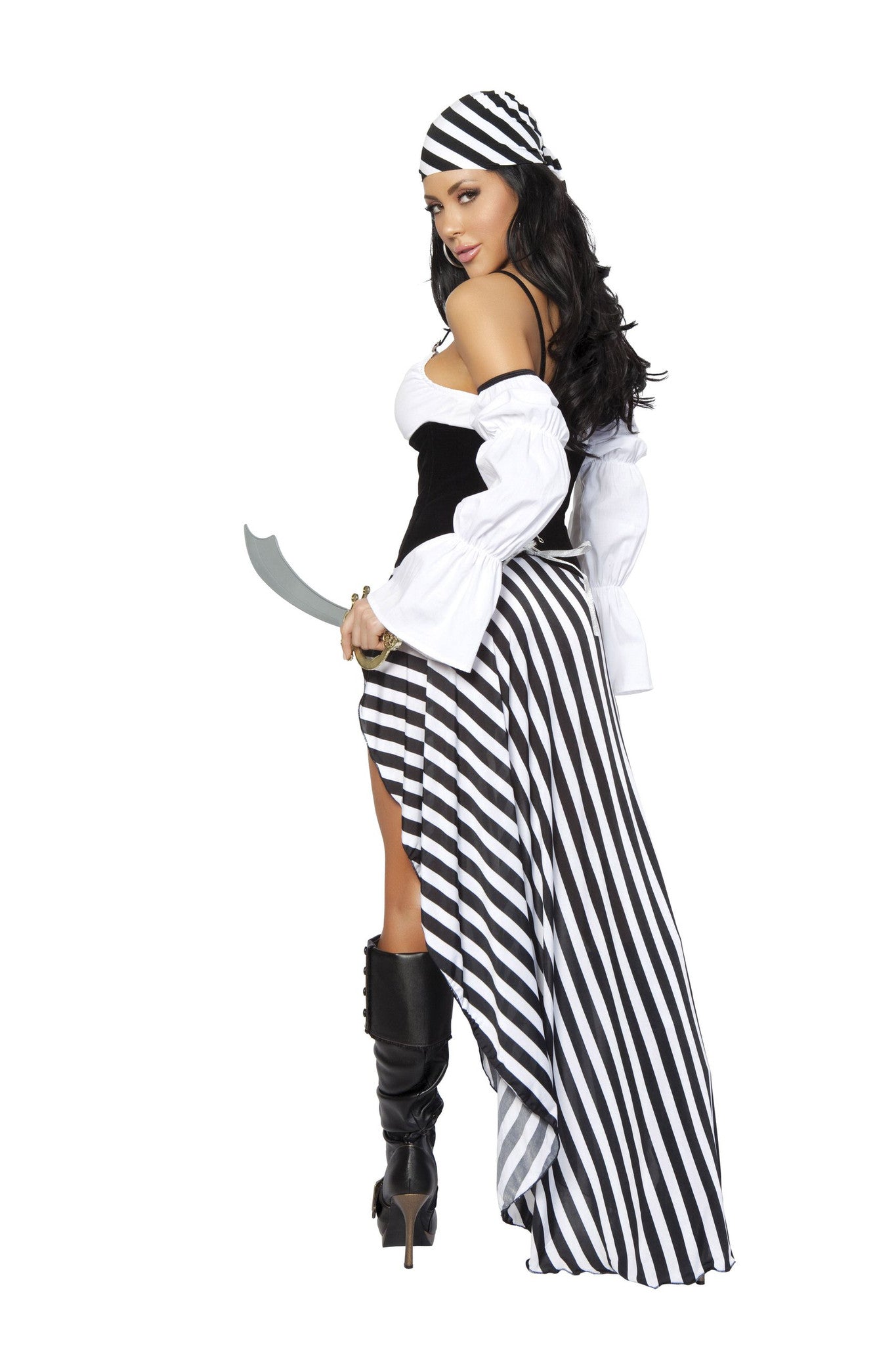 4244 - 6pc Pirate Lass4244-6pc Pirate Lass
Includes High Slit Striped Skirt, Waist Cincher
with Rhinestone Skull &amp; Bone Brooch, Crop Top
with Rhinestone Buckles, Headband, &amp; Sword