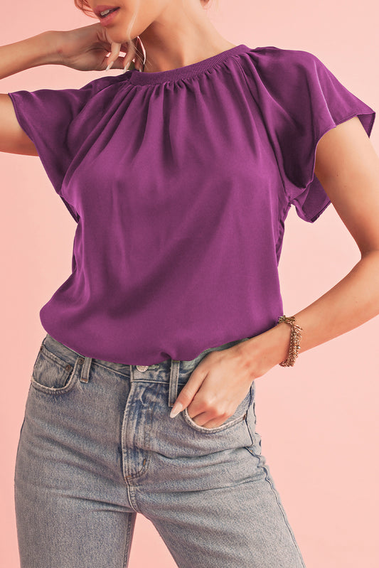 Violet Solid Color Pleated Flutter Sleeve Satin BlouseMaterial:100%Polyester



		This satin top is soft and sleek
	
	
		The shiny satin fabric makes this top looks elegant and luxurious
	
	
		The pleated detail