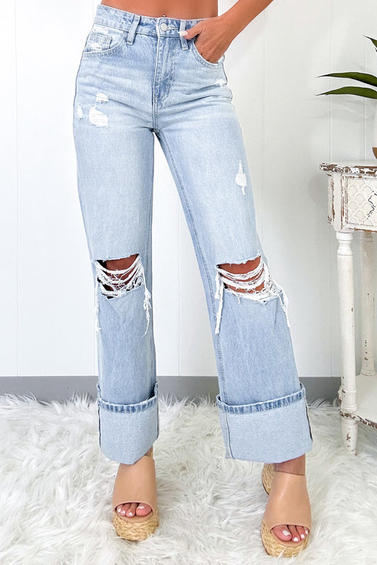 Beau Blue Light Wash Distressed Flare JeansMaterial:93%Cotton+5%polyester+2%Elastane

• The jeans are designed for comfort and style, perfect for everyday wear.
• The high waist design of these jeans provid