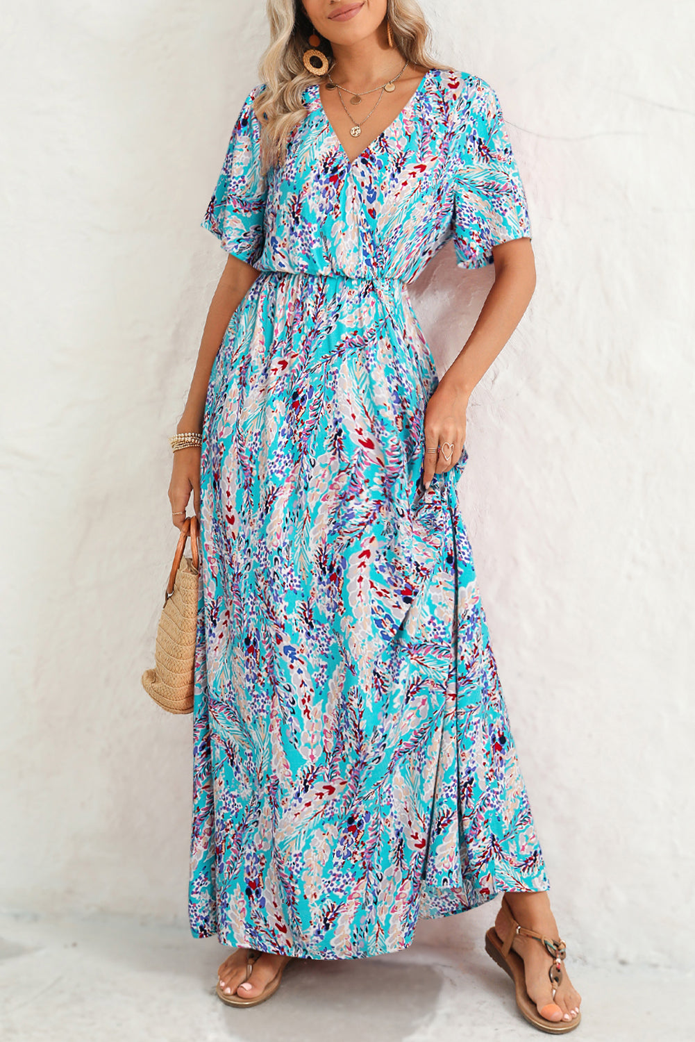 Abstract Botanic Print Wrap V Neck Short Sleeve Maxi DressMaterial:100%Viscose



		•The wrap style makes it a flattering and comfortable option for all body types.
	
	
		•The short sleeves make it ideal for warmer wea