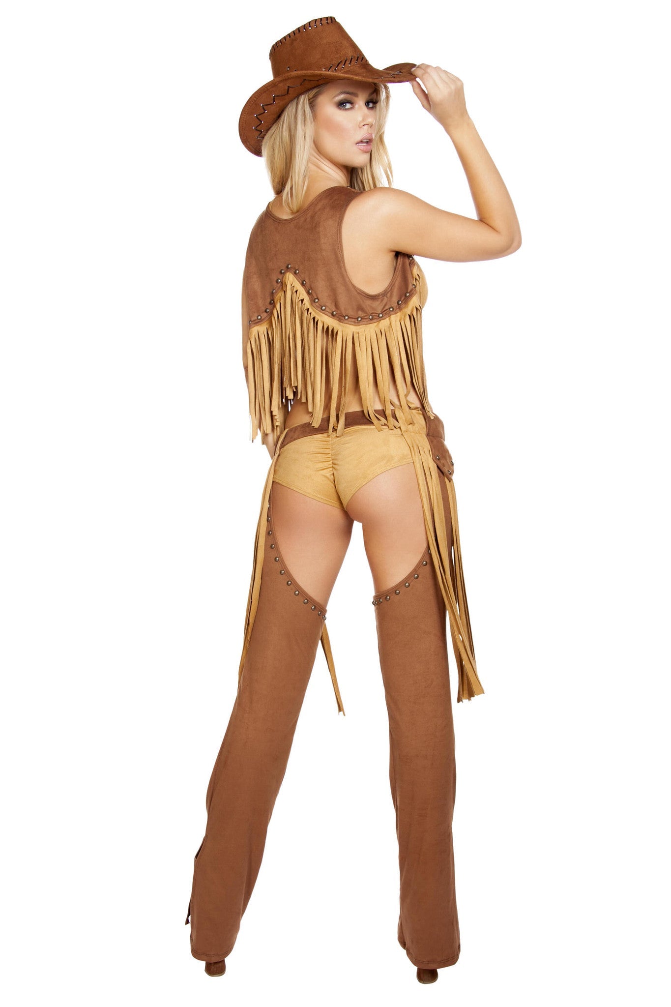 4584 - 5pc Wild Western Temptress4584- 5pc Wild Western Temptress
Includes Vest with Studs &amp; Fringe, Crop Top with
Studs, Hot Shorts, Chaps with Studs &amp; Fringe, &amp; Belt
Color: Brown ��� S