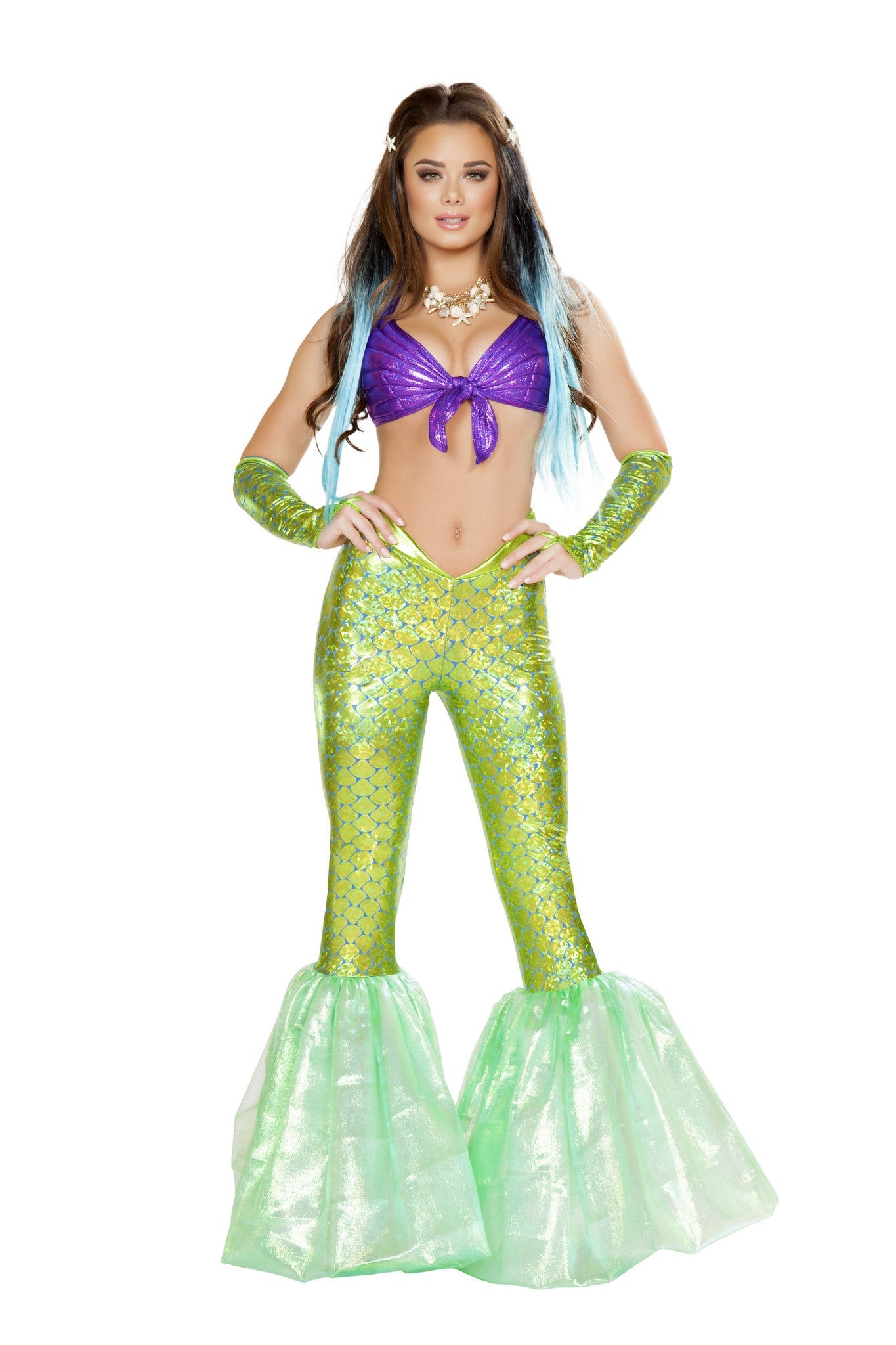 4656 - 2pc Poseidon's DaughterIncludes Haltered Tie Top with Sea Shell Look, and High Pants with Zip-up Back Closure and Iridescent Mermaid TailFabric:Purple/GreenMade In USA
Also Shown and Sold 