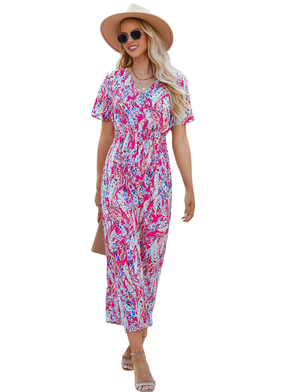 Abstract Botanic Print Wrap V Neck Short Sleeve Maxi DressMaterial:100%Viscose



		•The wrap style makes it a flattering and comfortable option for all body types.
	
	
		•The short sleeves make it ideal for warmer wea