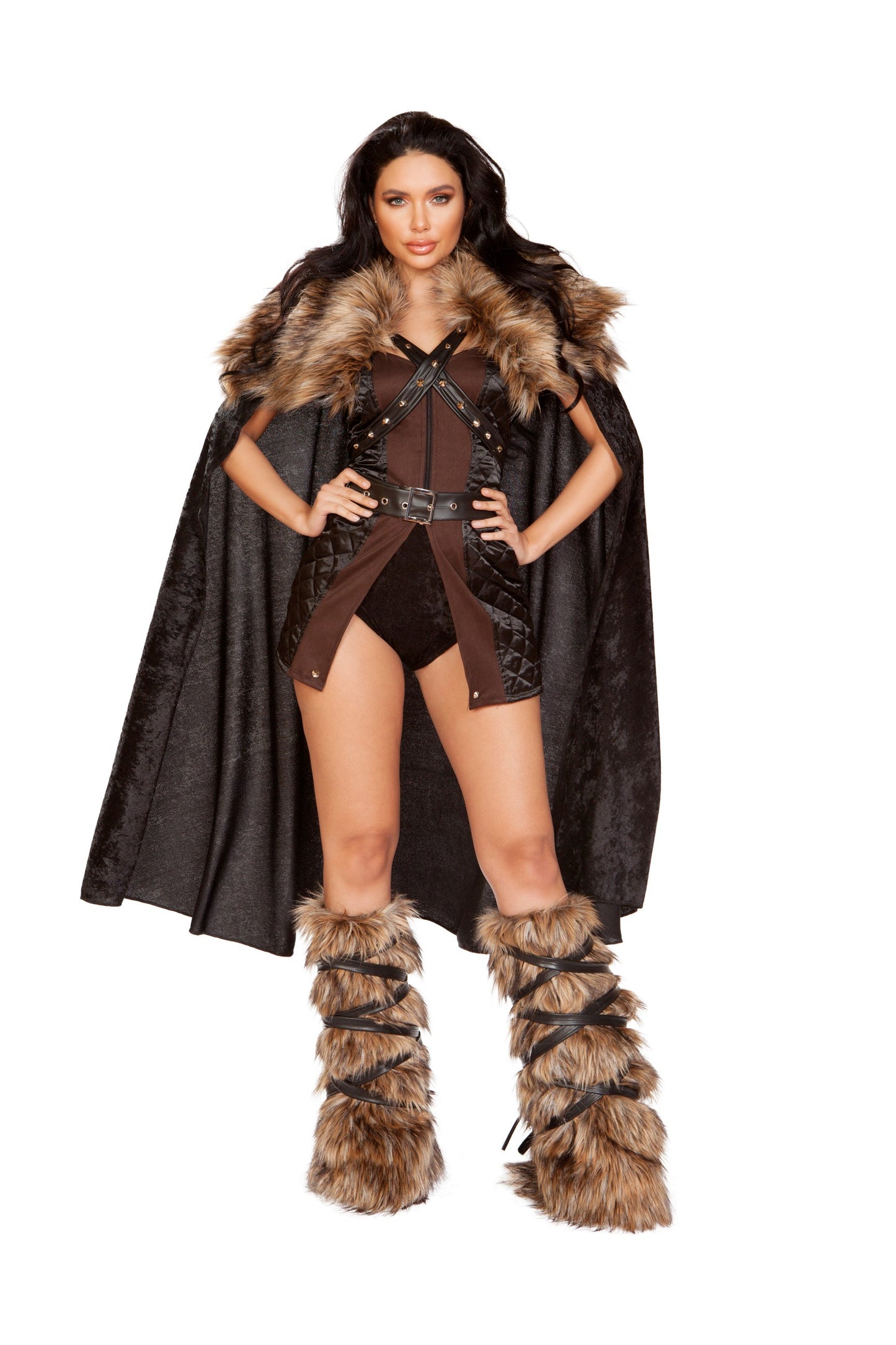 4896 - 4pc Northern WarriorIncludes Front slit Dress with Zipper Closure, Belt, Velvet Shorts, &amp; Cape with Faux Fur Detail and Tie Strap with Stud AccentsFabric: Poly/Spandex