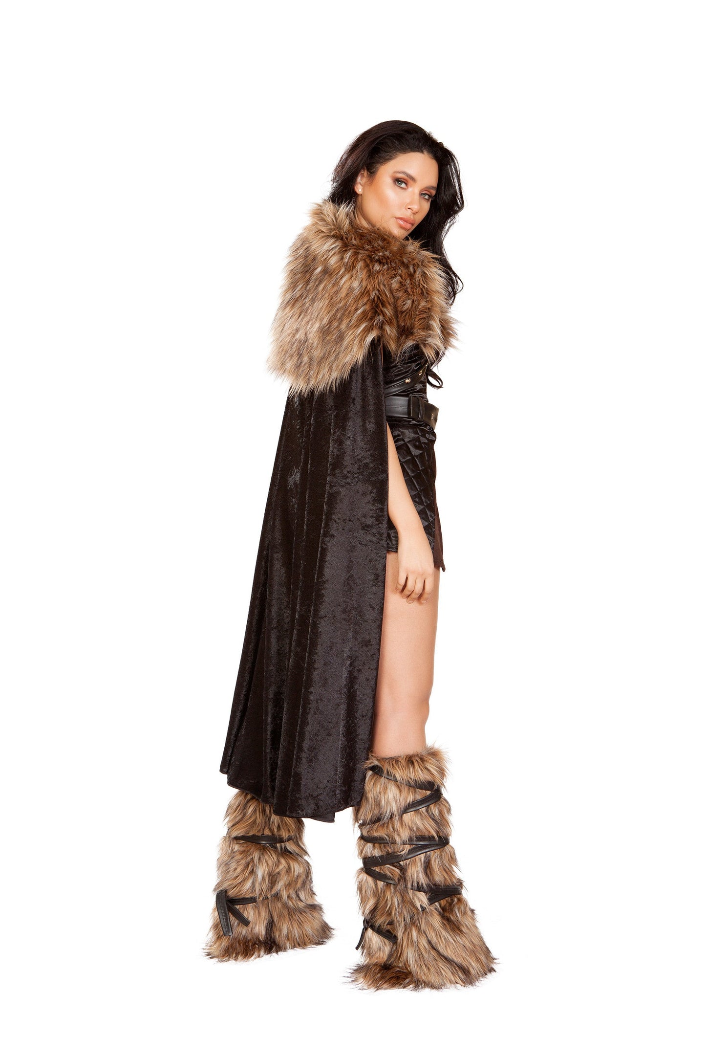 4896 - 4pc Northern WarriorIncludes Front slit Dress with Zipper Closure, Belt, Velvet Shorts, &amp; Cape with Faux Fur Detail and Tie Strap with Stud AccentsFabric: Poly/Spandex