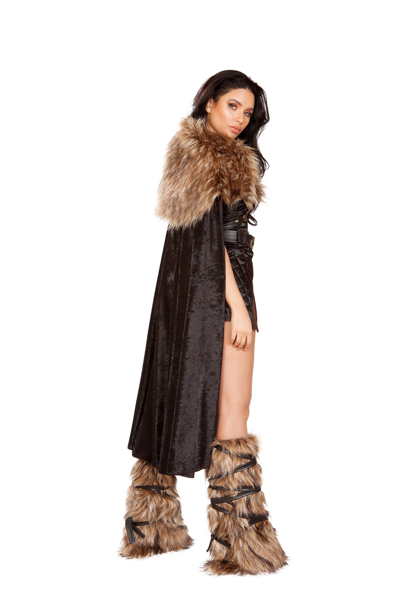 4896 - 4pc Northern WarriorIncludes Front slit Dress with Zipper Closure, Belt, Velvet Shorts, &amp; Cape with Faux Fur Detail and Tie Strap with Stud AccentsFabric: Poly/Spandex