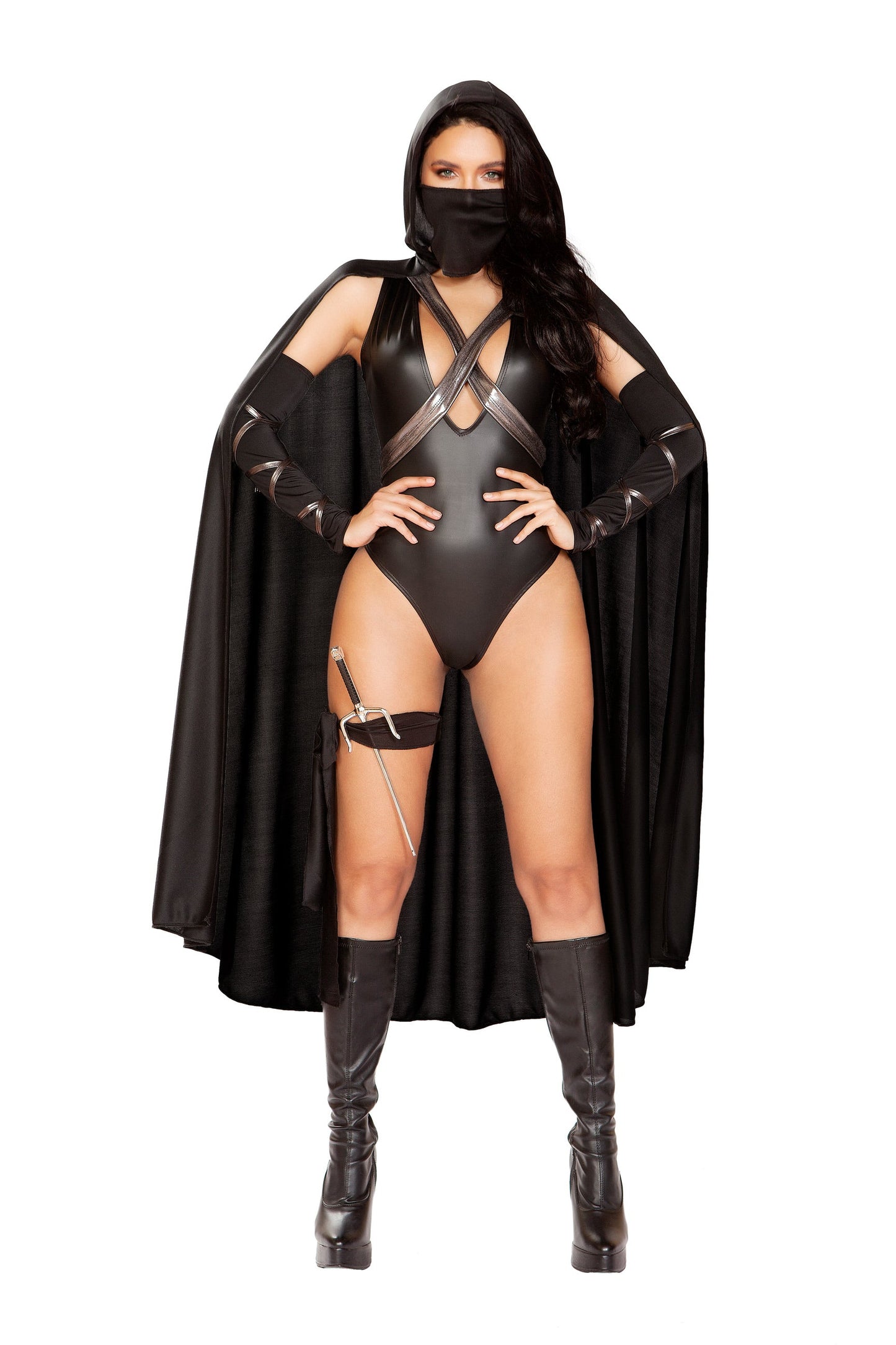 4898 - 5pc Ninja VillainIncludes Hooded Cape with Criss-Cross Tie Straps, Low Cut Romper, Mask, Leg Tie, &amp; TridentFabric: Poly/Spandex