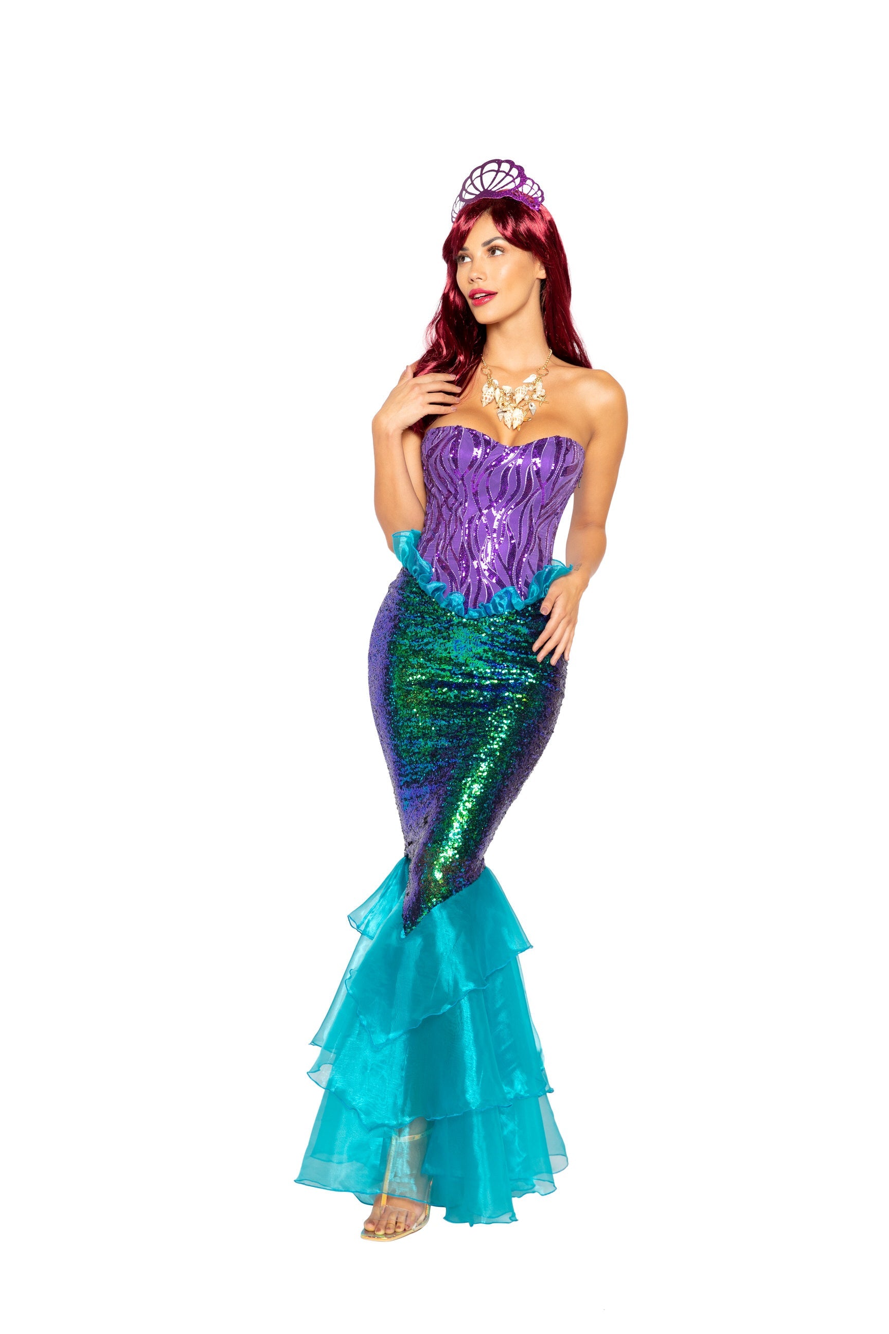 4995 - 3pc Majestic MermaidIncludes Lace-Up Corset, Sequin Skirt with Layered Organza, &amp; Shell Tiara