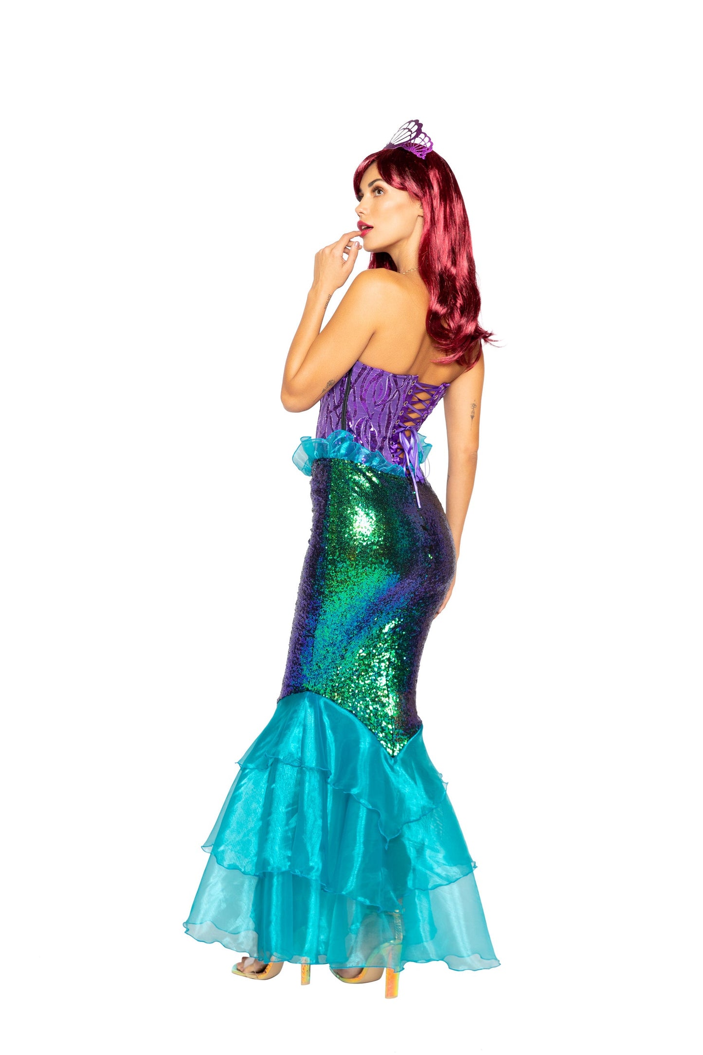 4995 - 3pc Majestic MermaidIncludes Lace-Up Corset, Sequin Skirt with Layered Organza, &amp; Shell Tiara