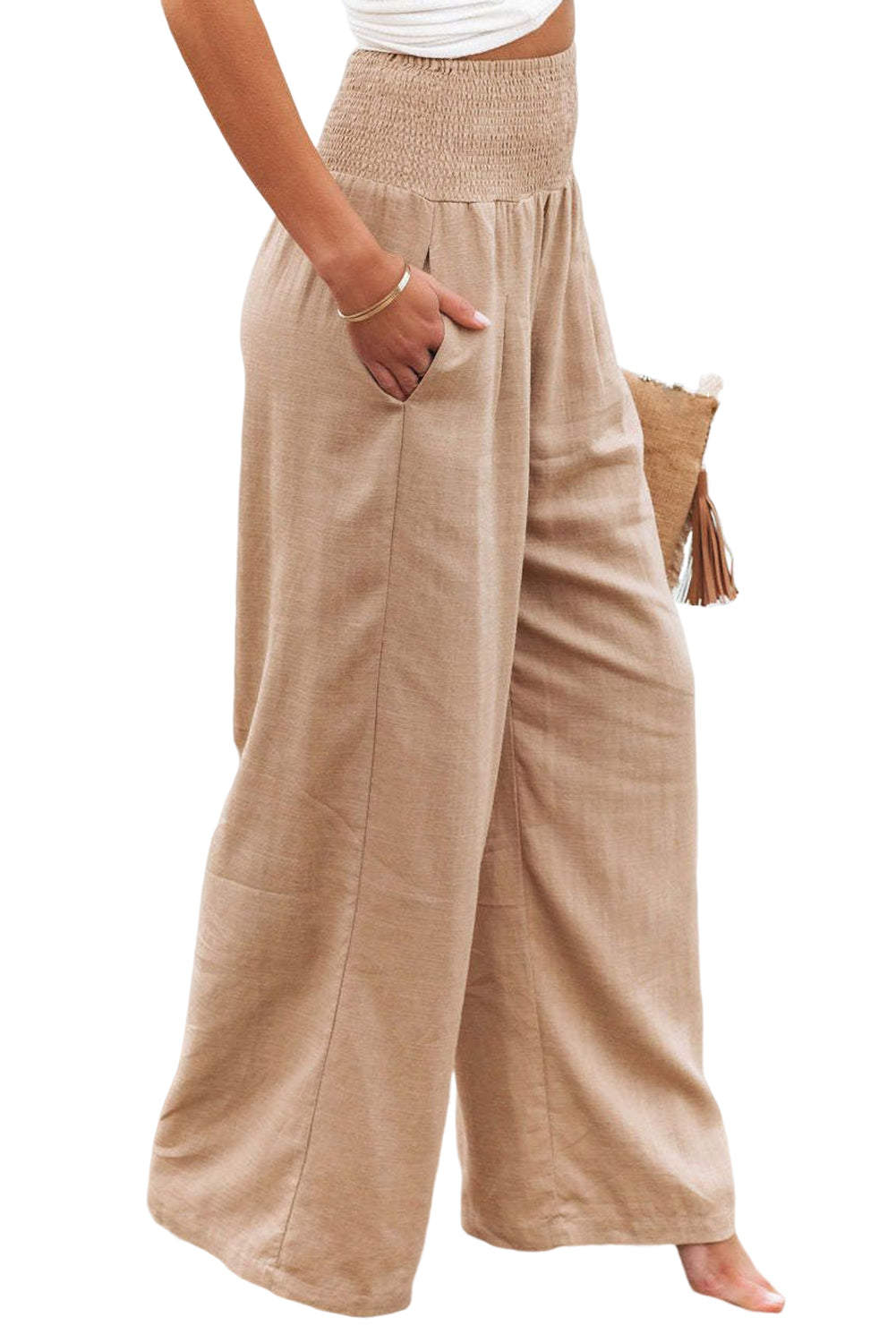 Black Smocked Wide Waistband High Waist Wide Leg PantsMaterial:65%COTTON+35%POLYESTER



		Flattering smocked waistband cinches at the
waist for a lovely silhouette
	
	
		High waist design elongates legs for a
st