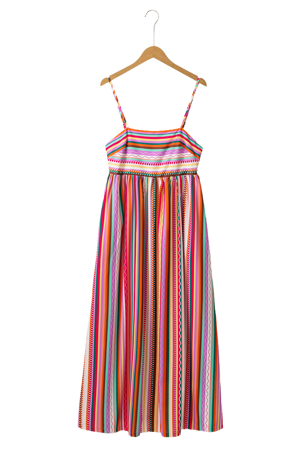 Multicolour Boho Striped Spaghetti Strap Smocked Back Maxi DressMaterial:100%Polyester

• Embrace a vibrant blend of colors in this maxi dress, perfect for daily wear with its relaxed, sleeveless design.
• The shirred back ensu