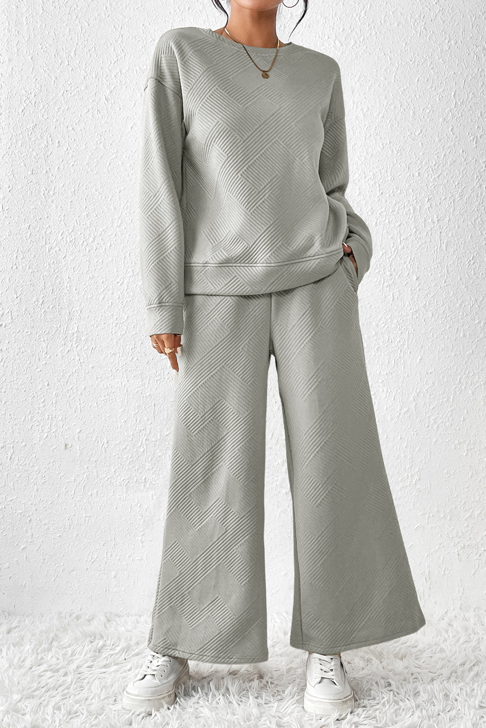 Red Dahlia Textured Loose Slouchy Long Sleeve Top and Pants SetMaterial:95%POLYESTER+5%ELASTANE



		Our Gray Textured Loose Slouchy Long Sleeve Top and Pants Set, a comfortable and stylish ensemble that is perfect for loungin