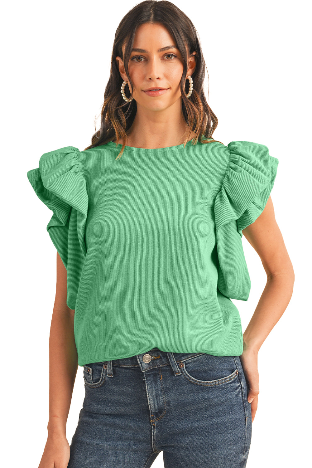Green Solid Color Ruffle Sleeve Ribbed BlouseMaterial:65%cotton+33%polyester+2%Elastane



		The blouse features ruffle sleeves, which add a playful and romantic touch to the overall design. 
	
	
		The sol